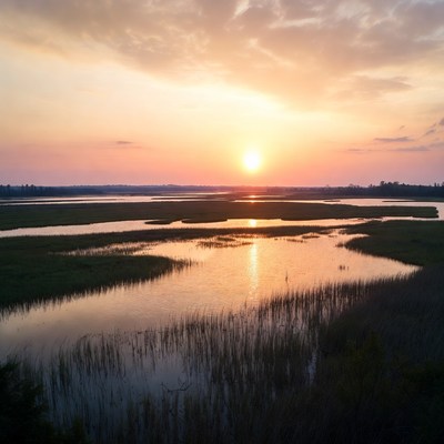 Sunset over calm water in wetland area
