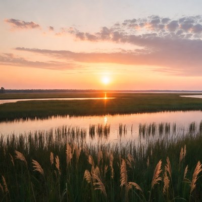 Sunset over wetland landscape with grass