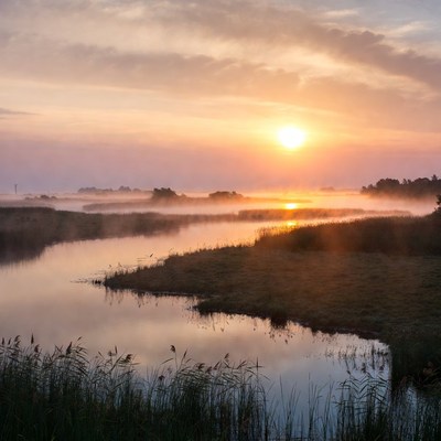 Sunrise over misty river landscape