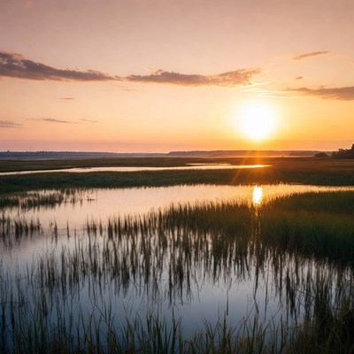 Sunset over marshland and water