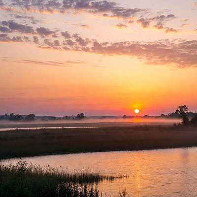 Sunset over calm river landscape