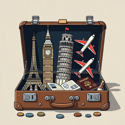 Travel items inside a suitcase with landmarks
