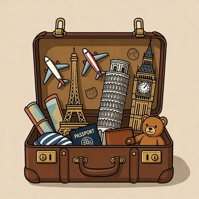 Travel essentials in a suitcase