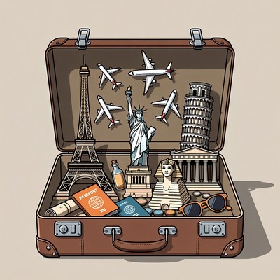 Travel items packed in a suitcase