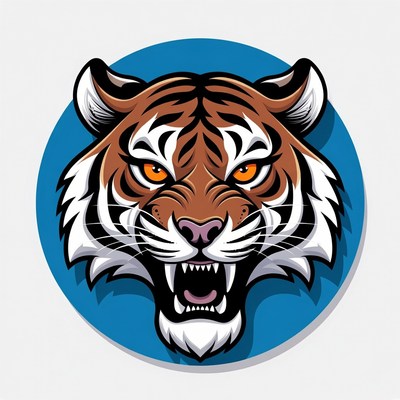 Tiger head in a round design with blue background