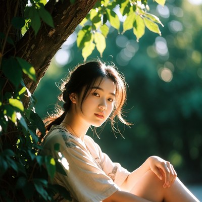 Young girl next to tree in nature