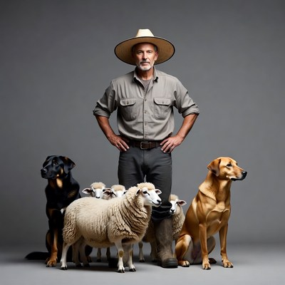 Man with dogs and sheep poses together