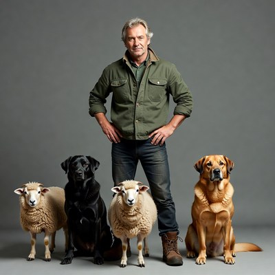 Man with dogs and sheep standing together