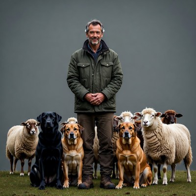 Man with dogs and sheep in open field