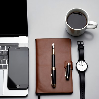 Workspace with coffee and tech tools