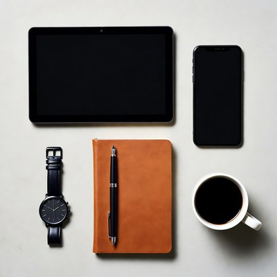 Workspace setup with gadgets and coffee