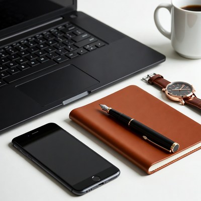 Workspace with laptop and notebook