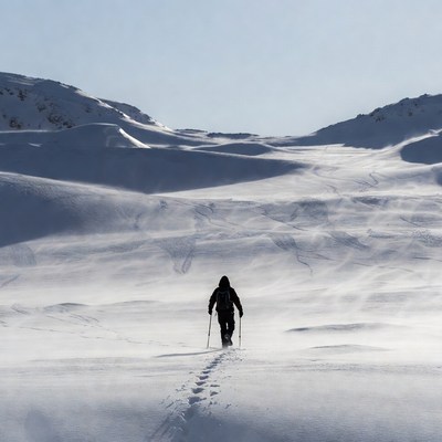 Snow hiking on open terrain in winter