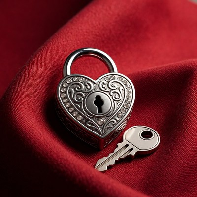 Heart-shaped lock and key on red fabric