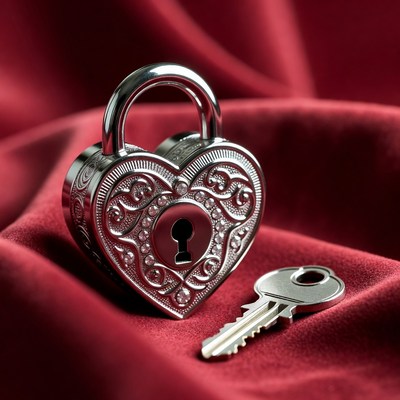 Heart-shaped padlock with key on red fabric