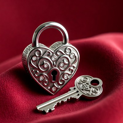 Heart shaped lock and key on fabric