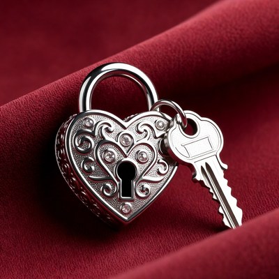 Heart shaped lock with key on fabric
