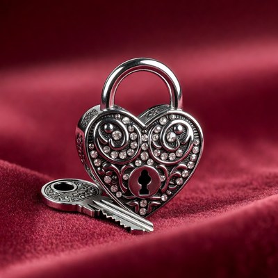 Heart-shaped lock with key on fabric