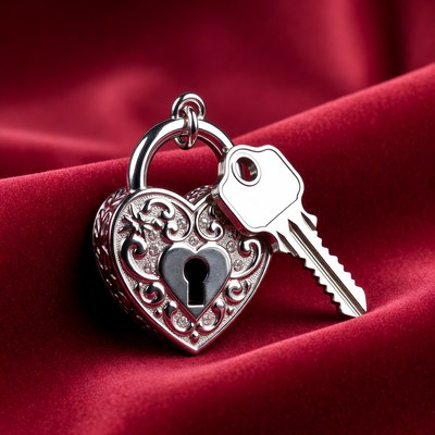 Heart-shaped lock with key on velvet