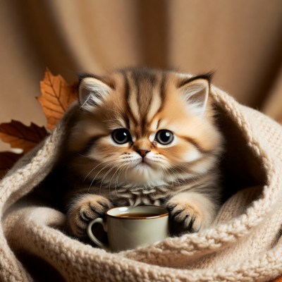 Cute kitten enjoys warm drink