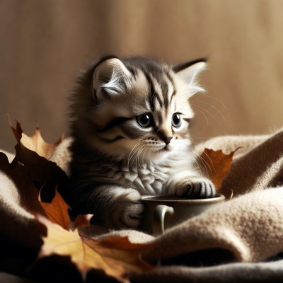 Cute kitten playing with cup