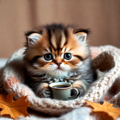 Cute kitten enjoys warm drink
