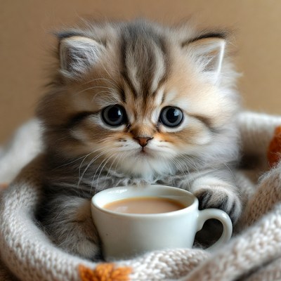 Cute kitten with coffee cup