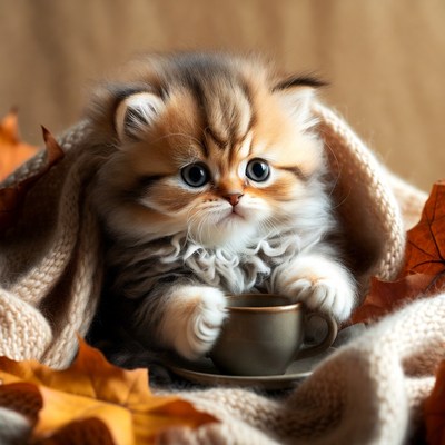 Kitten with cup on cozy blanket