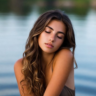 Young woman by water during sunset