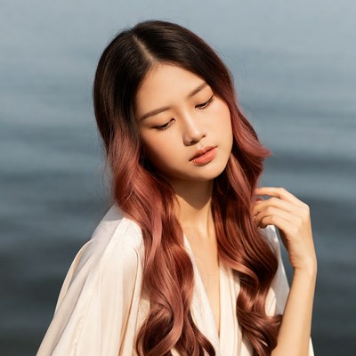 Young woman by water in sunlight