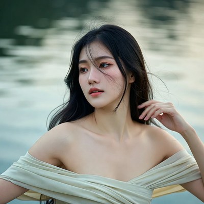 Woman by the water at sunset