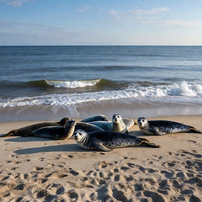 Seals on the beach under sunny sky