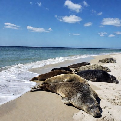 Seals resting on sandy beach