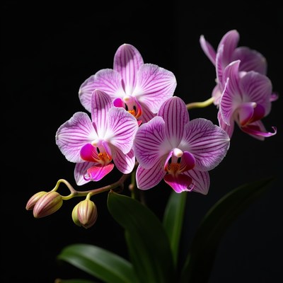 Beautiful orchids bloom against dark background