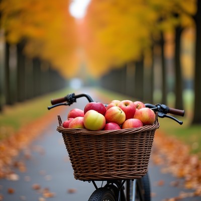 Bicycle with apples in autumn park