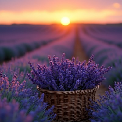 Lavender field at sunset with basket