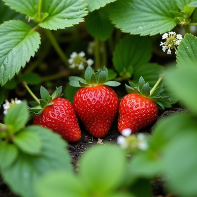 Fresh strawberries growing in garden