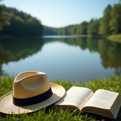 Relaxing by the lake with a book and hat