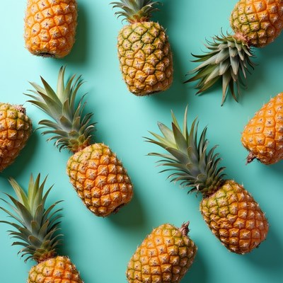 Pineapples arranged on teal background