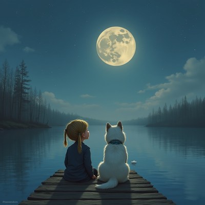 Child and dog at lakeside night