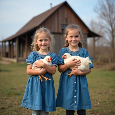 Two girls hold chickens outside barn