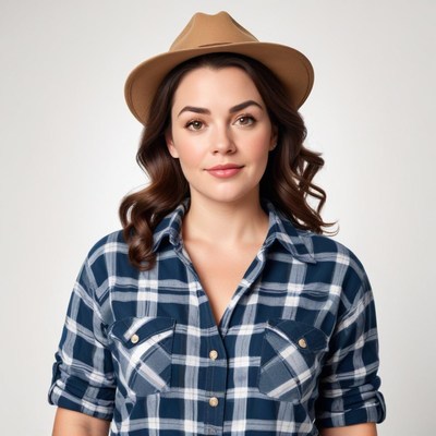 Woman wearing a plaid shirt and hat