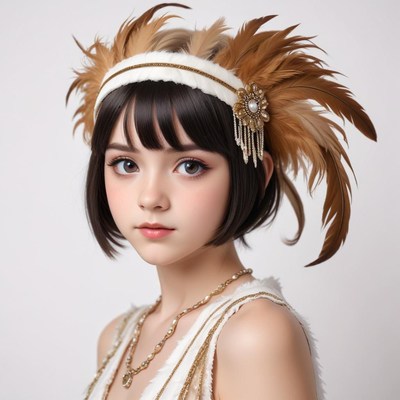 Young woman with feather headband poses