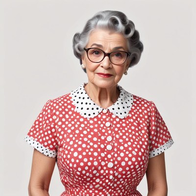 Older woman in red dress with polka dots