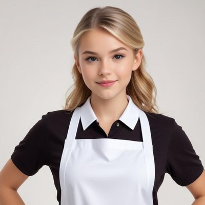 Young person in apron poses confidently