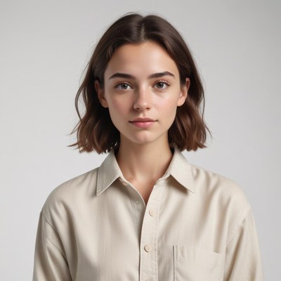 Woman in beige shirt poses for camera