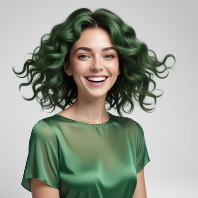 Woman with green curly hair