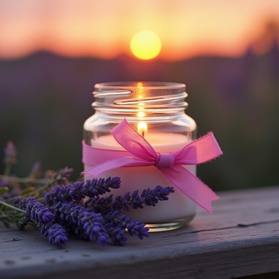 Candle and lavender at sunset