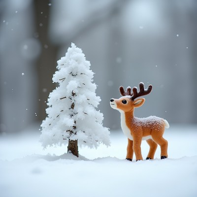 Snowy scene with deer and tree