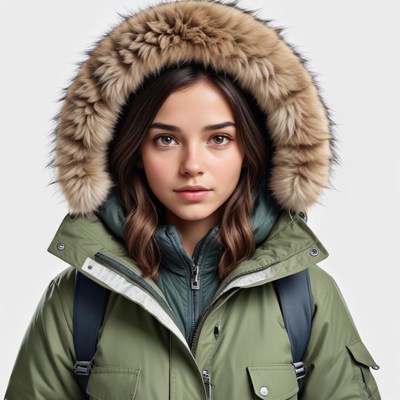 Young woman in winter coat with hood